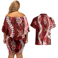 Hawaii Puakenikeni and Maile Lei Couples Matching Off Shoulder Short Dress and Hawaiian Shirt Red Japanese Wave Style - Polynesian Pride