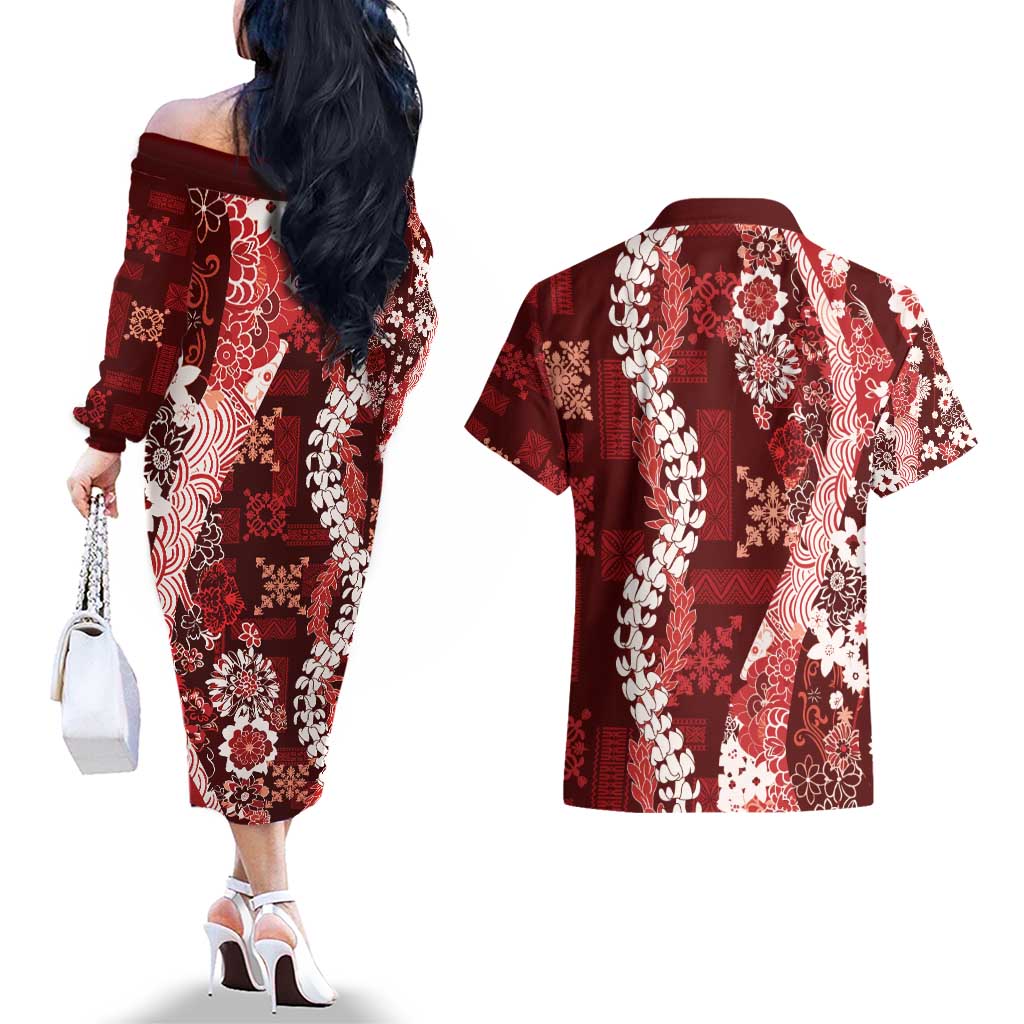 Hawaii Puakenikeni and Maile Lei Couples Matching Off The Shoulder Long Sleeve Dress and Hawaiian Shirt Red Japanese Wave Style - Polynesian Pride