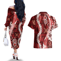 Hawaii Puakenikeni and Maile Lei Couples Matching Off The Shoulder Long Sleeve Dress and Hawaiian Shirt Red Japanese Wave Style - Polynesian Pride