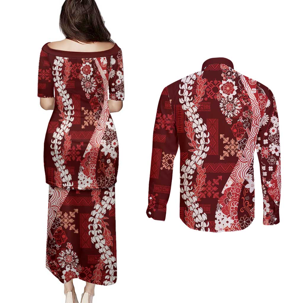 Hawaii Puakenikeni and Maile Lei Couples Matching Puletasi and Long Sleeve Button Shirt Red Japanese Wave Style - Polynesian Pride