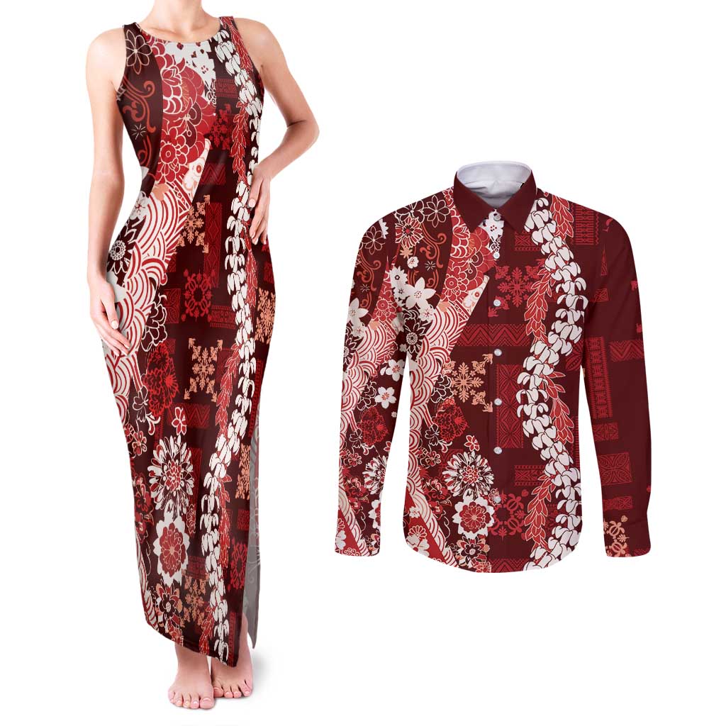 Hawaii Puakenikeni and Maile Lei Couples Matching Tank Maxi Dress and Long Sleeve Button Shirt Red Japanese Wave Style - Polynesian Pride