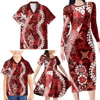 Hawaii Puakenikeni and Maile Lei Family Matching Long Sleeve Bodycon Dress and Hawaiian Shirt Red Japanese Wave Style - Polynesian Pride