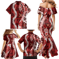 Hawaii Puakenikeni and Maile Lei Family Matching Mermaid Dress and Hawaiian Shirt Red Japanese Wave Style - Polynesian Pride
