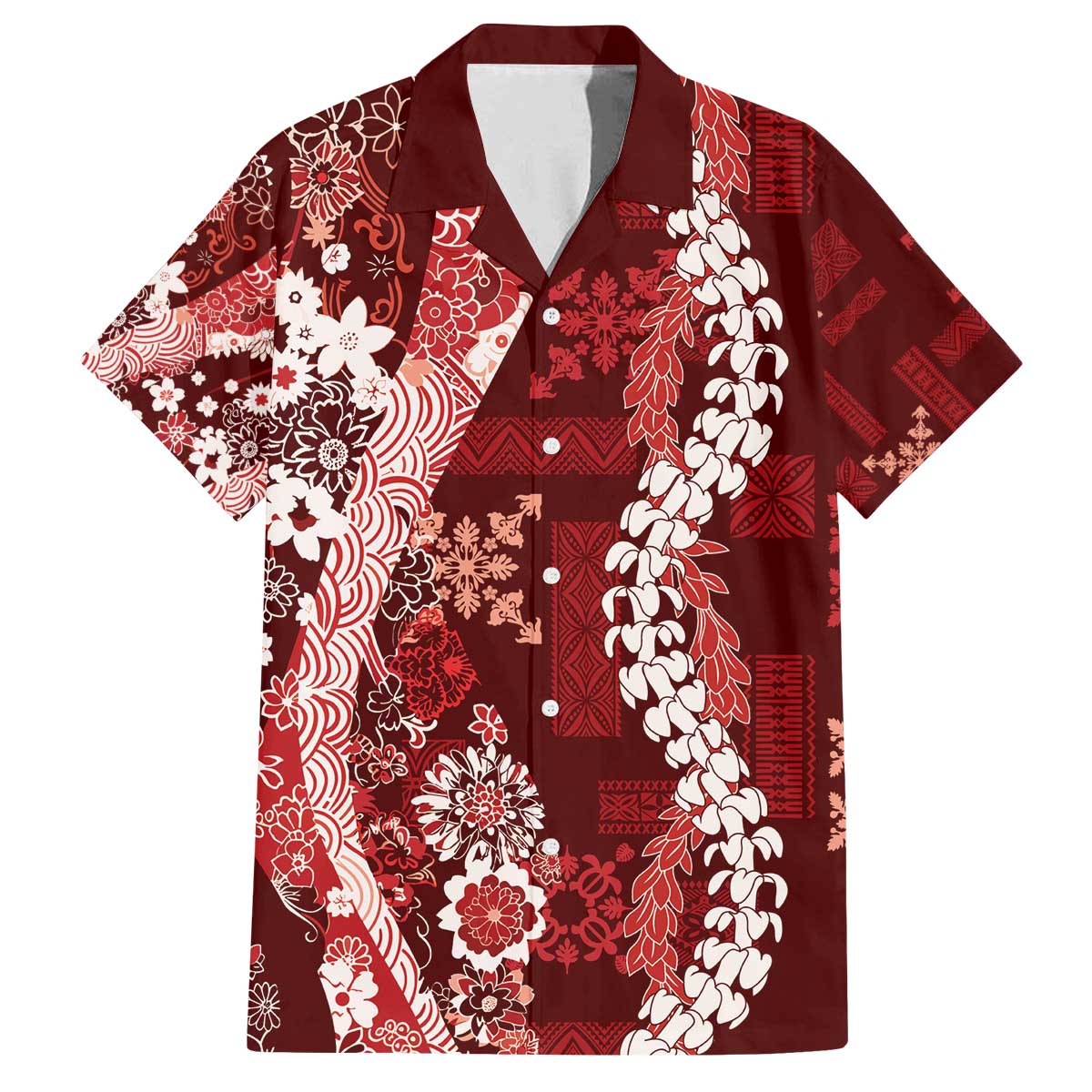 Hawaii Puakenikeni and Maile Lei Family Matching Off The Shoulder Long Sleeve Dress and Hawaiian Shirt Red Japanese Wave Style - Polynesian Pride
