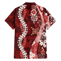 Hawaii Puakenikeni and Maile Lei Family Matching Off The Shoulder Long Sleeve Dress and Hawaiian Shirt Red Japanese Wave Style - Polynesian Pride