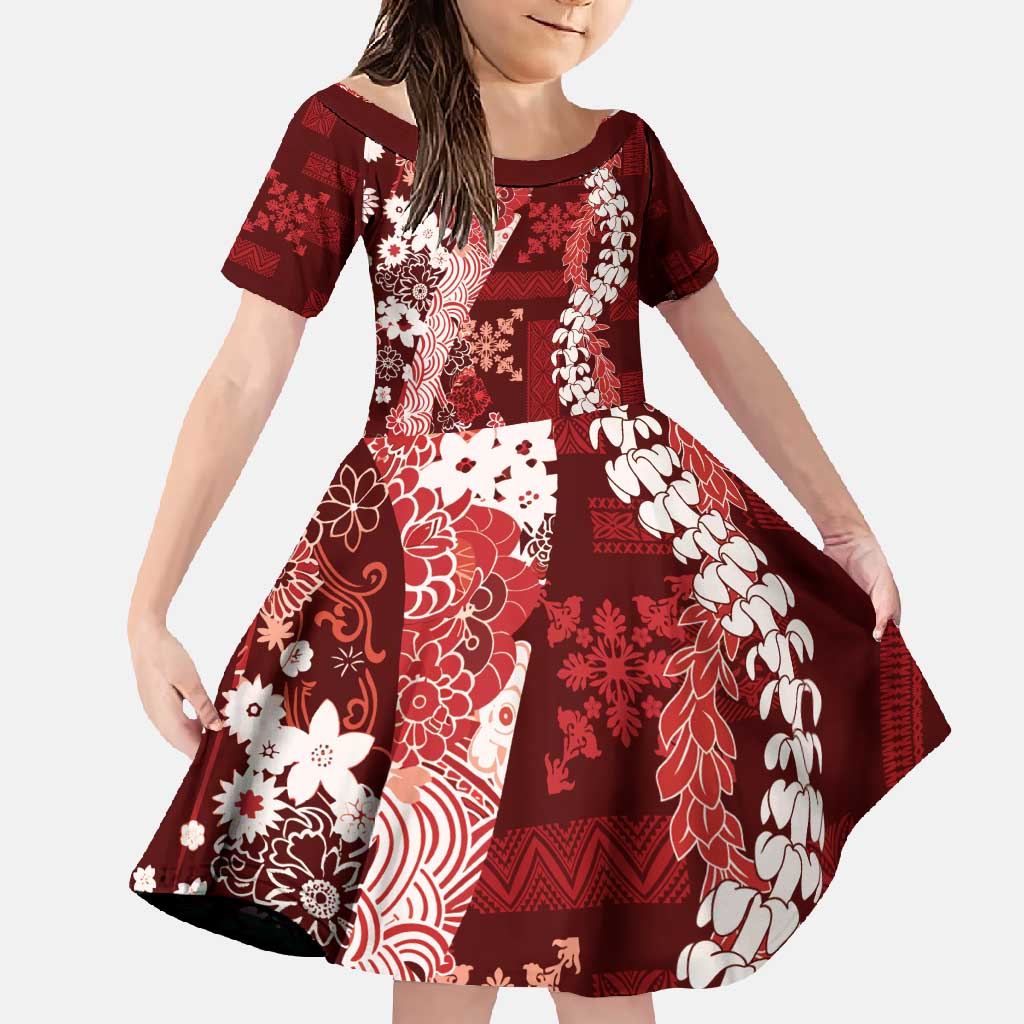 Hawaii Puakenikeni and Maile Lei Family Matching Off Shoulder Maxi Dress and Hawaiian Shirt Red Japanese Wave Style - Polynesian Pride