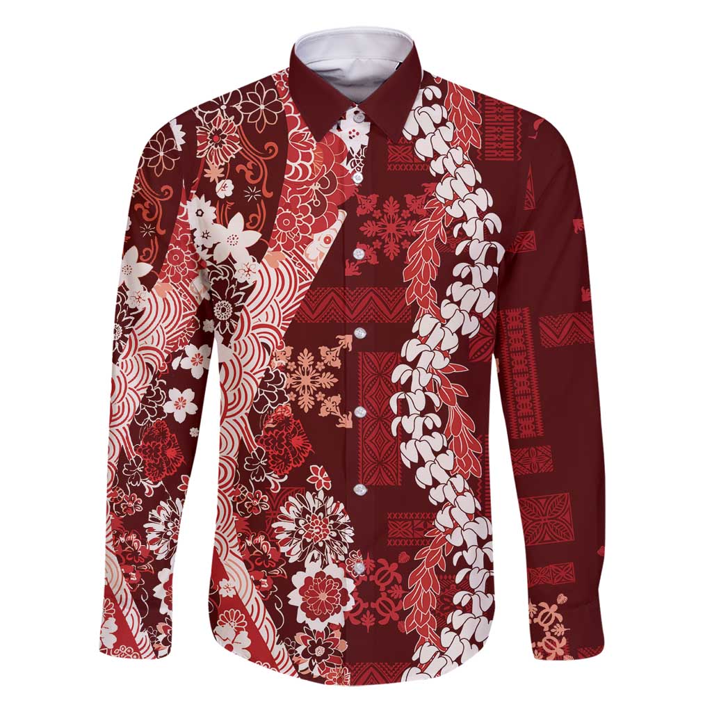 Hawaii Puakenikeni and Maile Lei Family Matching Off Shoulder Short Dress and Hawaiian Shirt Red Japanese Wave Style - Polynesian Pride