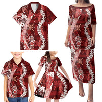 Hawaii Puakenikeni and Maile Lei Family Matching Puletasi and Hawaiian Shirt Red Japanese Wave Style - Polynesian Pride