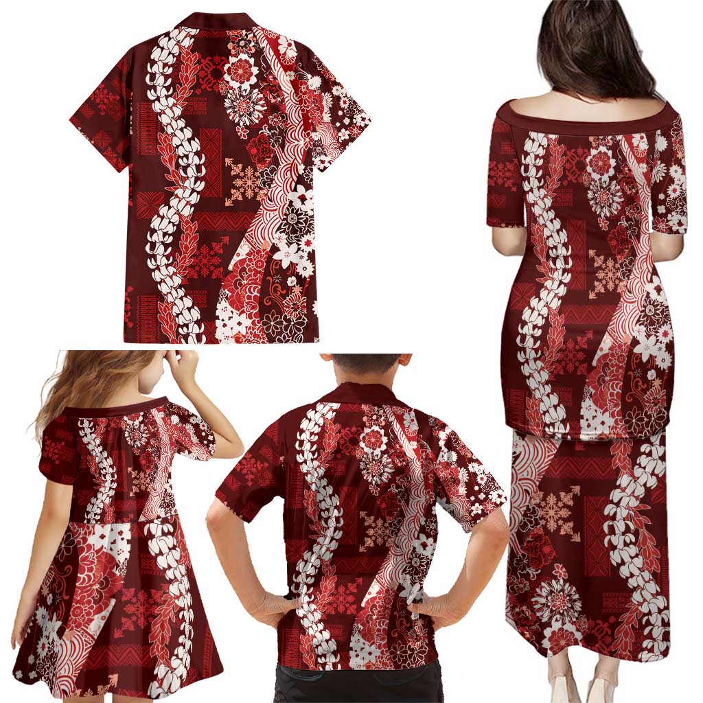 Hawaii Puakenikeni and Maile Lei Family Matching Puletasi and Hawaiian Shirt Red Japanese Wave Style - Polynesian Pride
