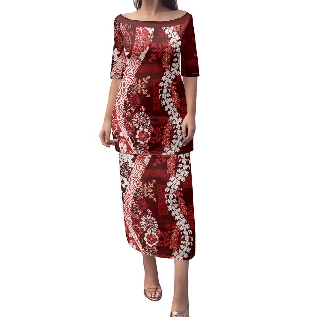 Hawaii Puakenikeni and Maile Lei Family Matching Puletasi and Hawaiian Shirt Red Japanese Wave Style - Polynesian Pride