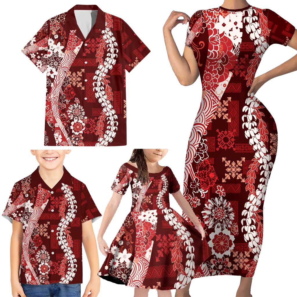 Hawaii Puakenikeni and Maile Lei Family Matching Short Sleeve Bodycon Dress and Hawaiian Shirt Red Japanese Wave Style - Polynesian Pride