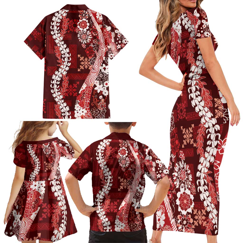 Hawaii Puakenikeni and Maile Lei Family Matching Short Sleeve Bodycon Dress and Hawaiian Shirt Red Japanese Wave Style - Polynesian Pride