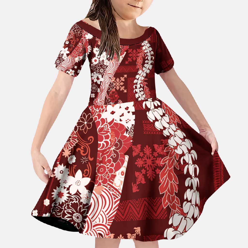 Hawaii Puakenikeni and Maile Lei Family Matching Summer Maxi Dress and Hawaiian Shirt Red Japanese Wave Style - Polynesian Pride