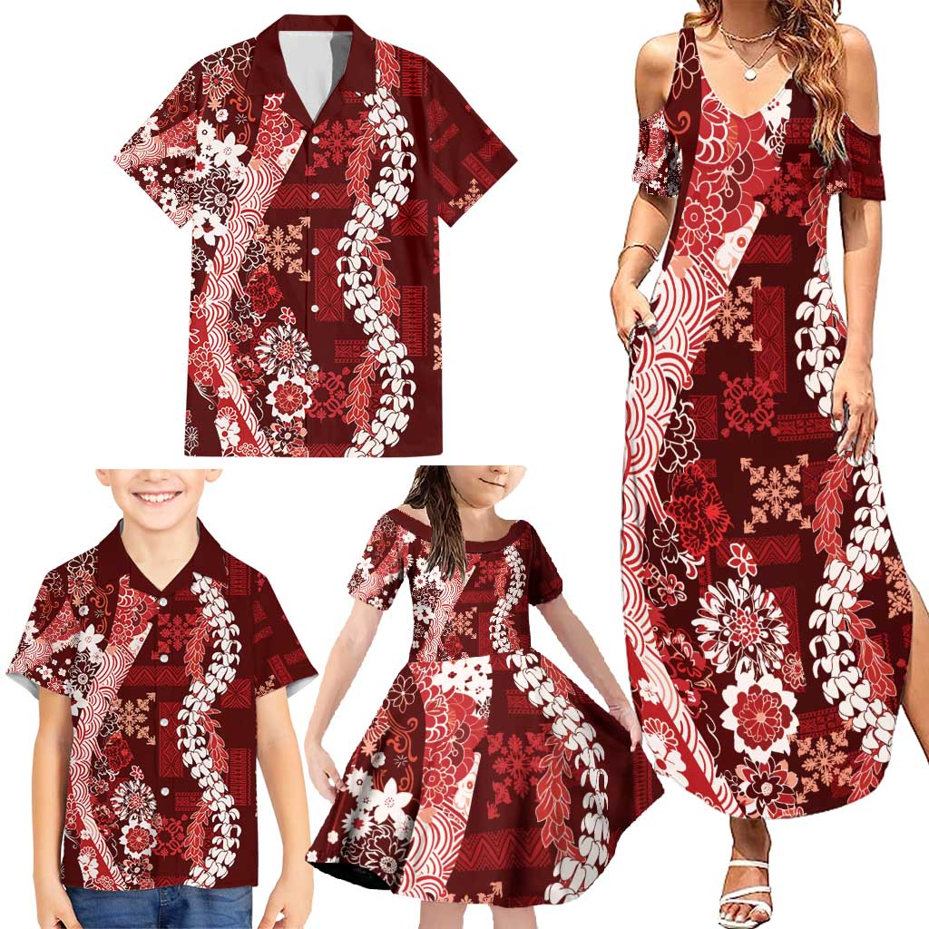 Hawaii Puakenikeni and Maile Lei Family Matching Summer Maxi Dress and Hawaiian Shirt Red Japanese Wave Style - Polynesian Pride