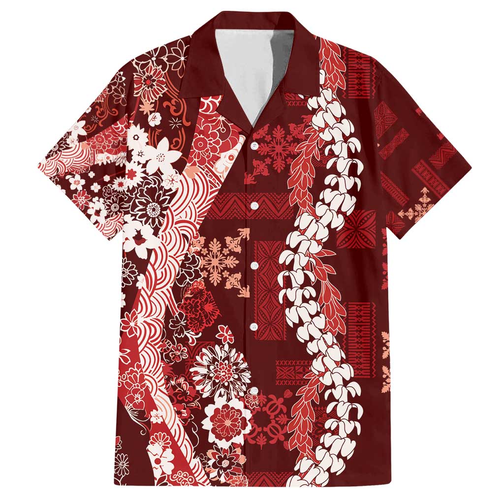 Hawaii Puakenikeni and Maile Lei Family Matching Tank Maxi Dress and Hawaiian Shirt Red Japanese Wave Style - Polynesian Pride