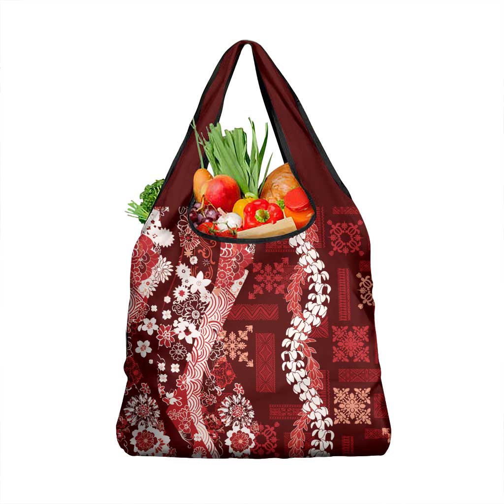 Hawaii Puakenikeni and Maile Lei Grocery Bag Red Japanese Wave Style - Polynesian Pride