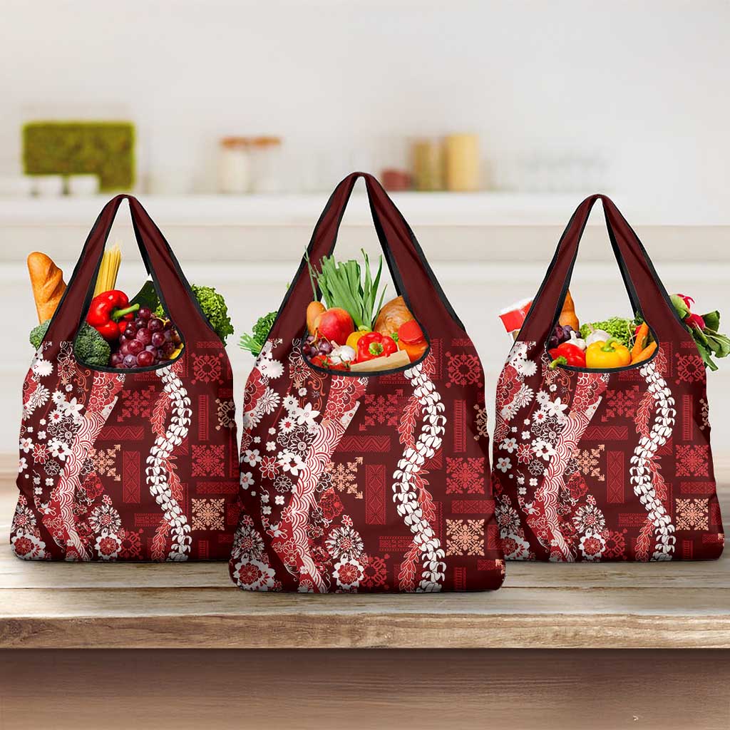 Hawaii Puakenikeni and Maile Lei Grocery Bag Red Japanese Wave Style - Polynesian Pride