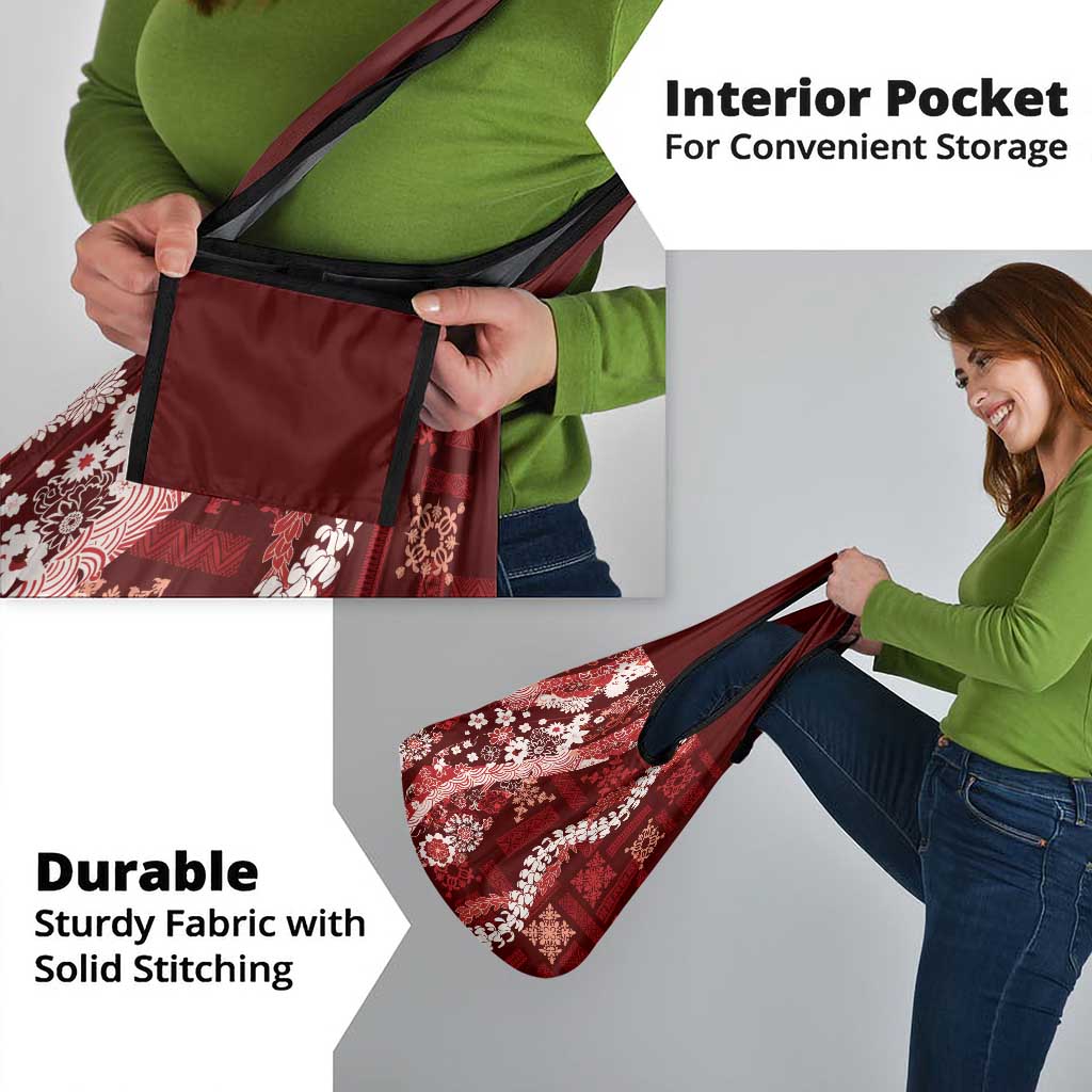 Hawaii Puakenikeni and Maile Lei Grocery Bag Red Japanese Wave Style - Polynesian Pride