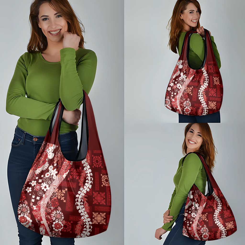 Hawaii Puakenikeni and Maile Lei Grocery Bag Red Japanese Wave Style - Polynesian Pride