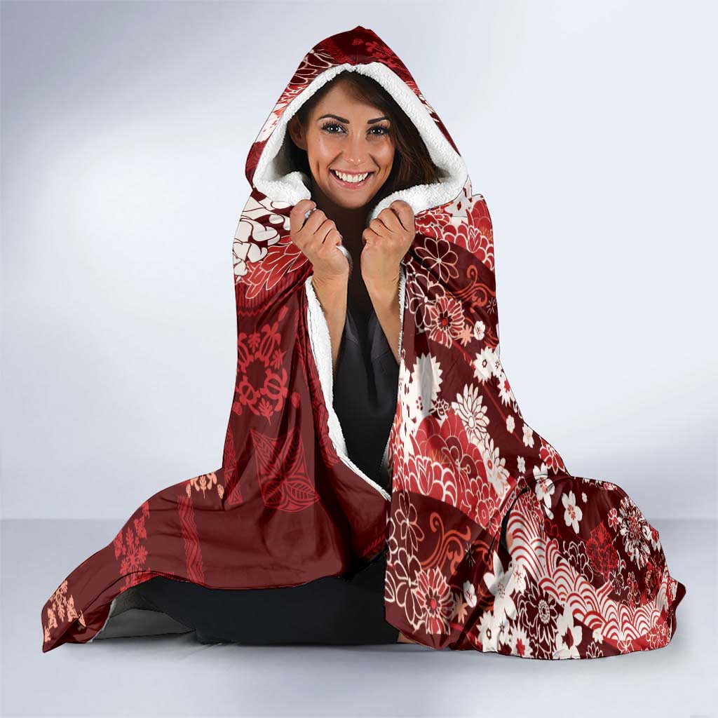 Hawaii Puakenikeni and Maile Lei Hooded Blanket Red Japanese Wave Style - Polynesian Pride