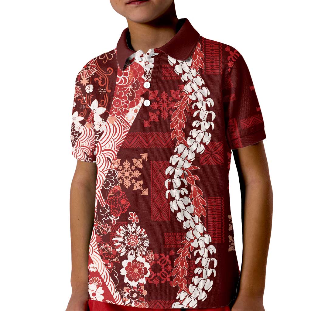 Hawaii Puakenikeni and Maile Lei Kid Polo Shirt Red Japanese Wave Style - Polynesian Pride
