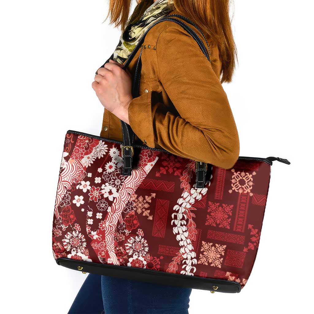 Hawaii Puakenikeni and Maile Lei Leather Tote Bag Red Japanese Wave Style - Polynesian Pride