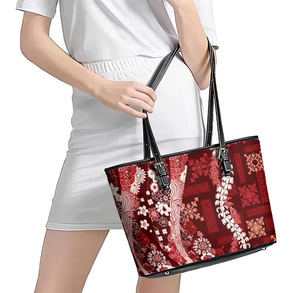 Hawaii Puakenikeni and Maile Lei Leather Tote Bag Red Japanese Wave Style - Polynesian Pride
