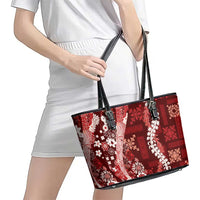 Hawaii Puakenikeni and Maile Lei Leather Tote Bag Red Japanese Wave Style - Polynesian Pride