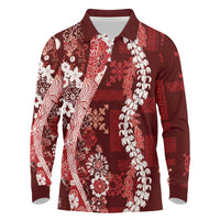 Hawaii Puakenikeni and Maile Lei Long Sleeve Polo Shirt Red Japanese Wave Style - Polynesian Pride