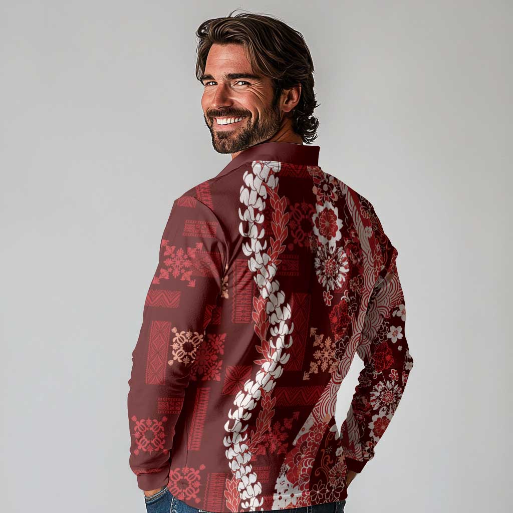 Hawaii Puakenikeni and Maile Lei Long Sleeve Polo Shirt Red Japanese Wave Style - Polynesian Pride
