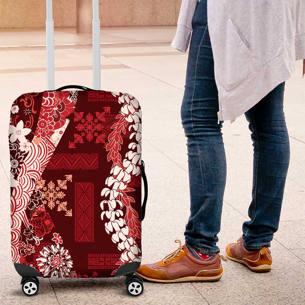 Hawaii Puakenikeni and Maile Lei Luggage Cover Red Japanese Wave Style - Polynesian Pride