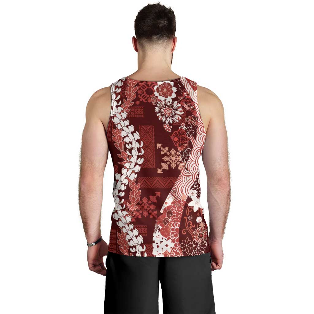 Hawaii Puakenikeni and Maile Lei Men Tank Top Red Japanese Wave Style - Polynesian Pride