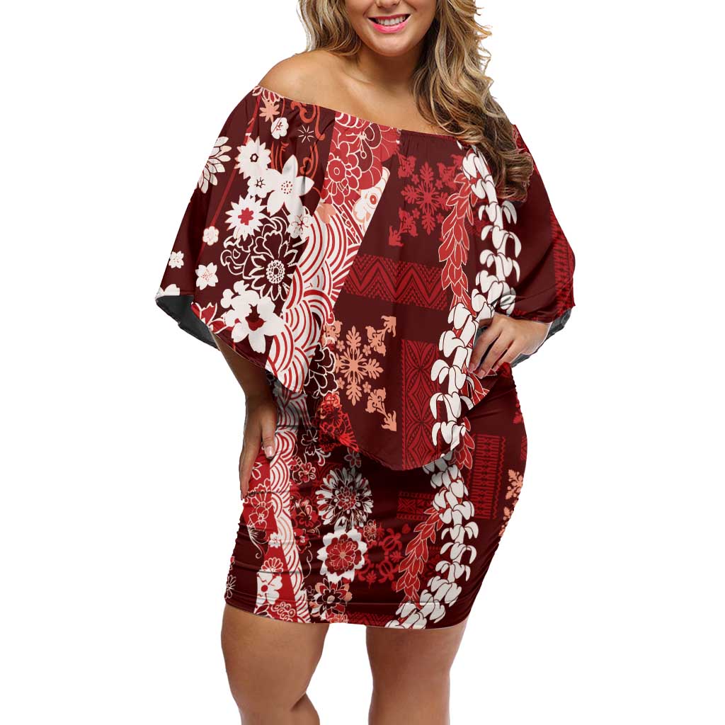 Hawaii Puakenikeni and Maile Lei Off Shoulder Short Dress Red Japanese Wave Style - Polynesian Pride