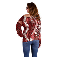 Hawaii Puakenikeni and Maile Lei Off Shoulder Sweater Red Japanese Wave Style - Polynesian Pride