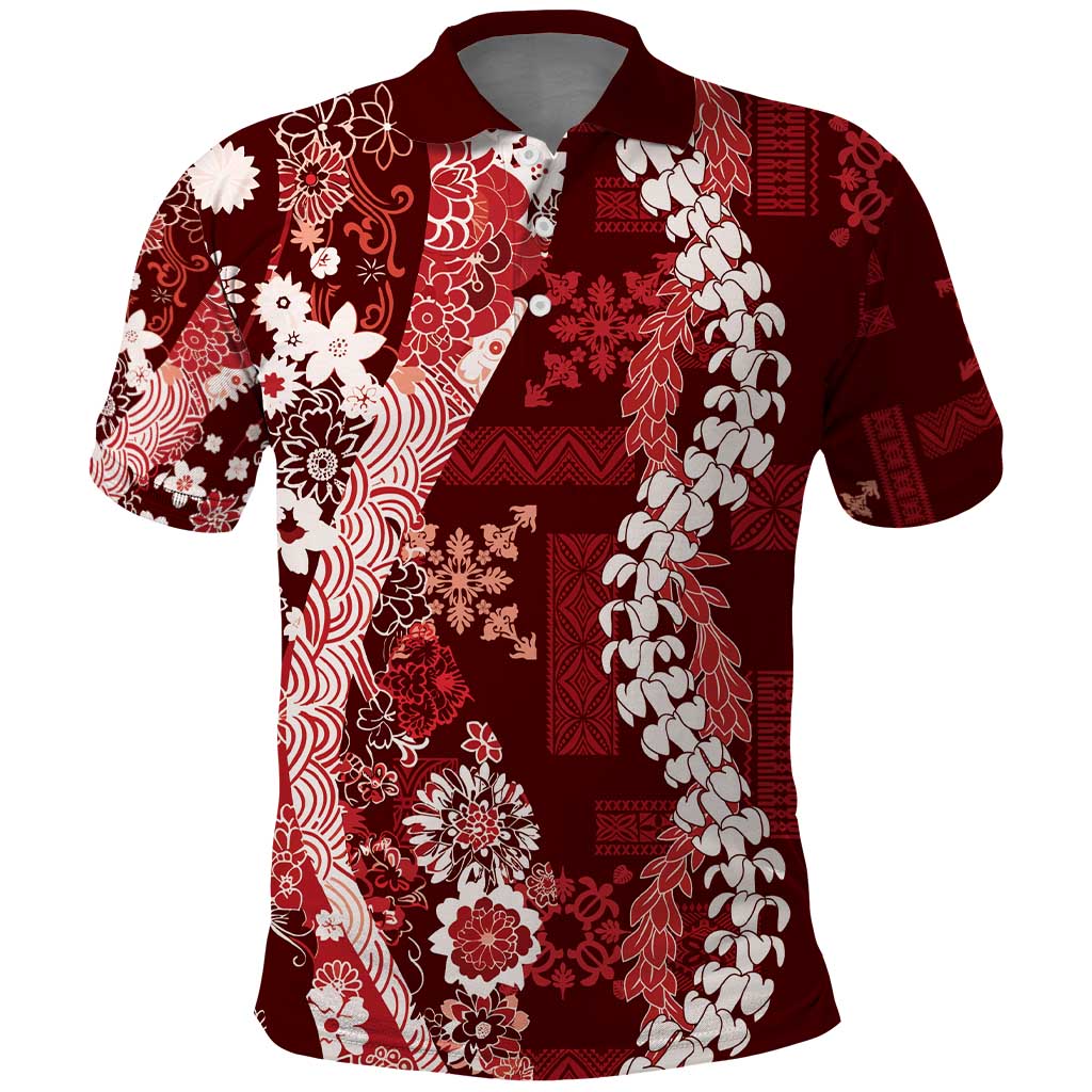 Hawaii Puakenikeni and Maile Lei Polo Shirt Red Japanese Wave Style - Polynesian Pride