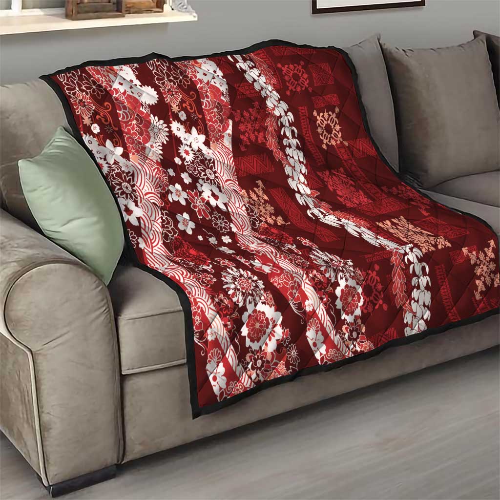 Hawaii Puakenikeni and Maile Lei Quilt Red Japanese Wave Style - Polynesian Pride