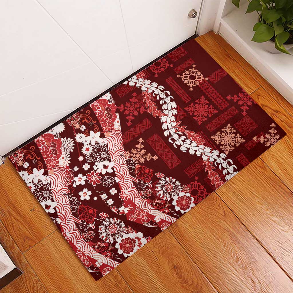 Hawaii Puakenikeni and Maile Lei Rubber Doormat Red Japanese Wave Style - Polynesian Pride