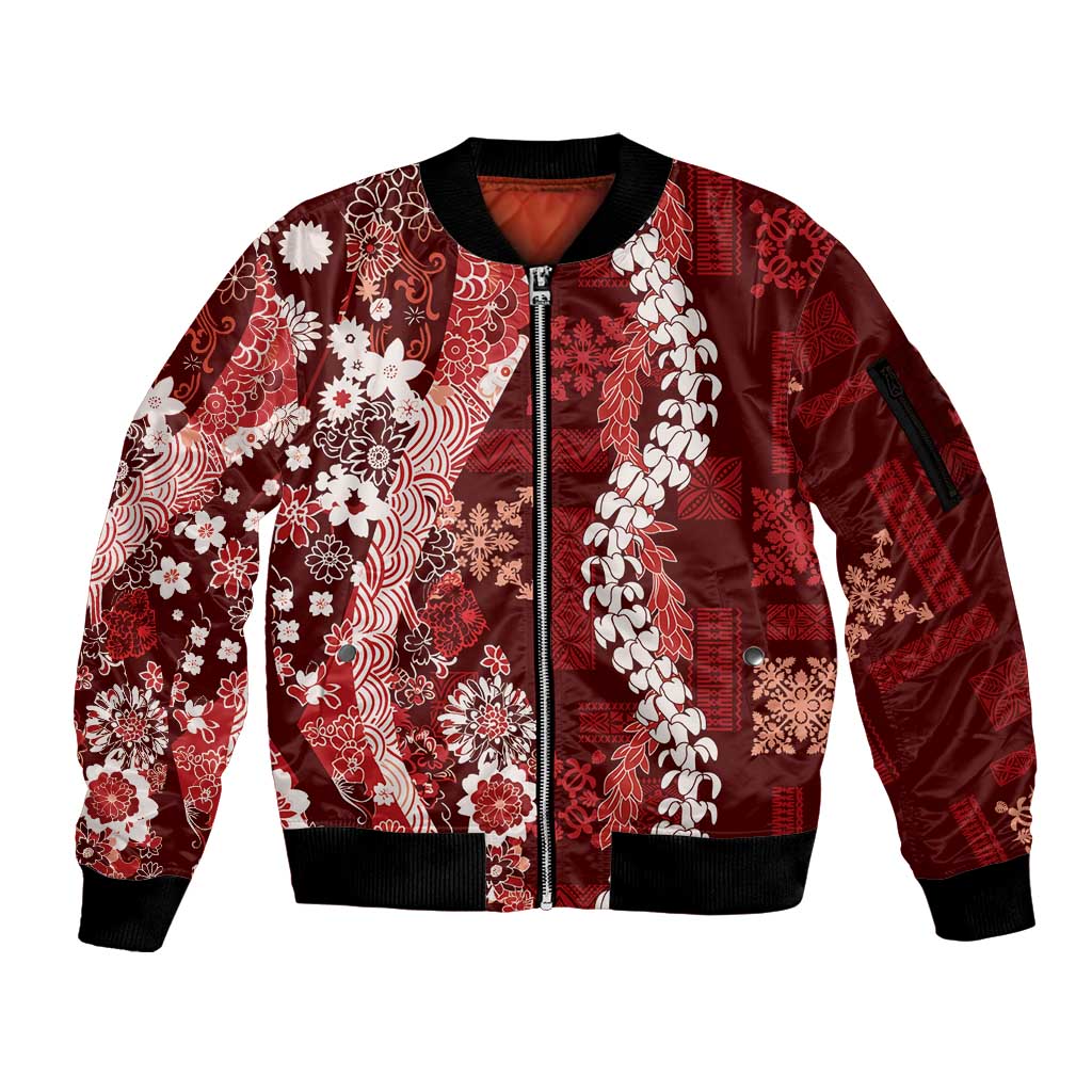 Hawaii Puakenikeni and Maile Lei Sleeve Zip Bomber Jacket Red Japanese Wave Style - Polynesian Pride