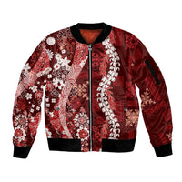 Hawaii Puakenikeni and Maile Lei Sleeve Zip Bomber Jacket Red Japanese Wave Style - Polynesian Pride