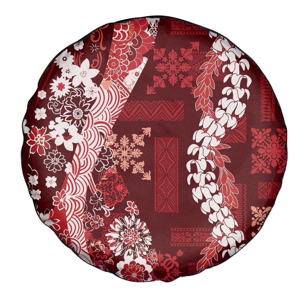 Hawaii Puakenikeni and Maile Lei Spare Tire Cover Red Japanese Wave Style - Polynesian Pride