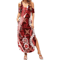 Hawaii Puakenikeni and Maile Lei Summer Maxi Dress Red Japanese Wave Style - Polynesian Pride