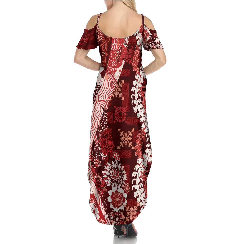 Hawaii Puakenikeni and Maile Lei Summer Maxi Dress Red Japanese Wave Style - Polynesian Pride