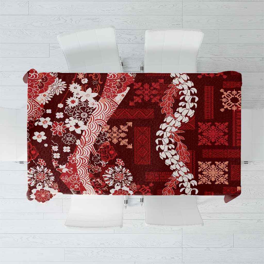 Hawaii Puakenikeni and Maile Lei Tablecloth Red Japanese Wave Style - Polynesian Pride