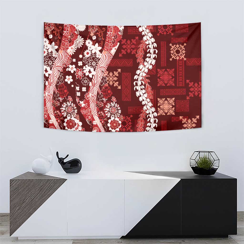 Hawaii Puakenikeni and Maile Lei Tapestry Red Japanese Wave Style - Polynesian Pride