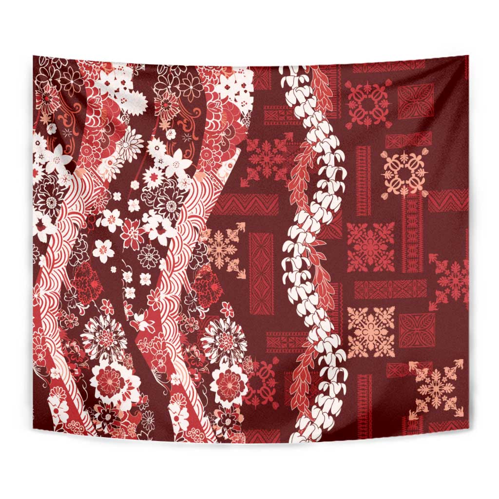 Hawaii Puakenikeni and Maile Lei Tapestry Red Japanese Wave Style - Polynesian Pride