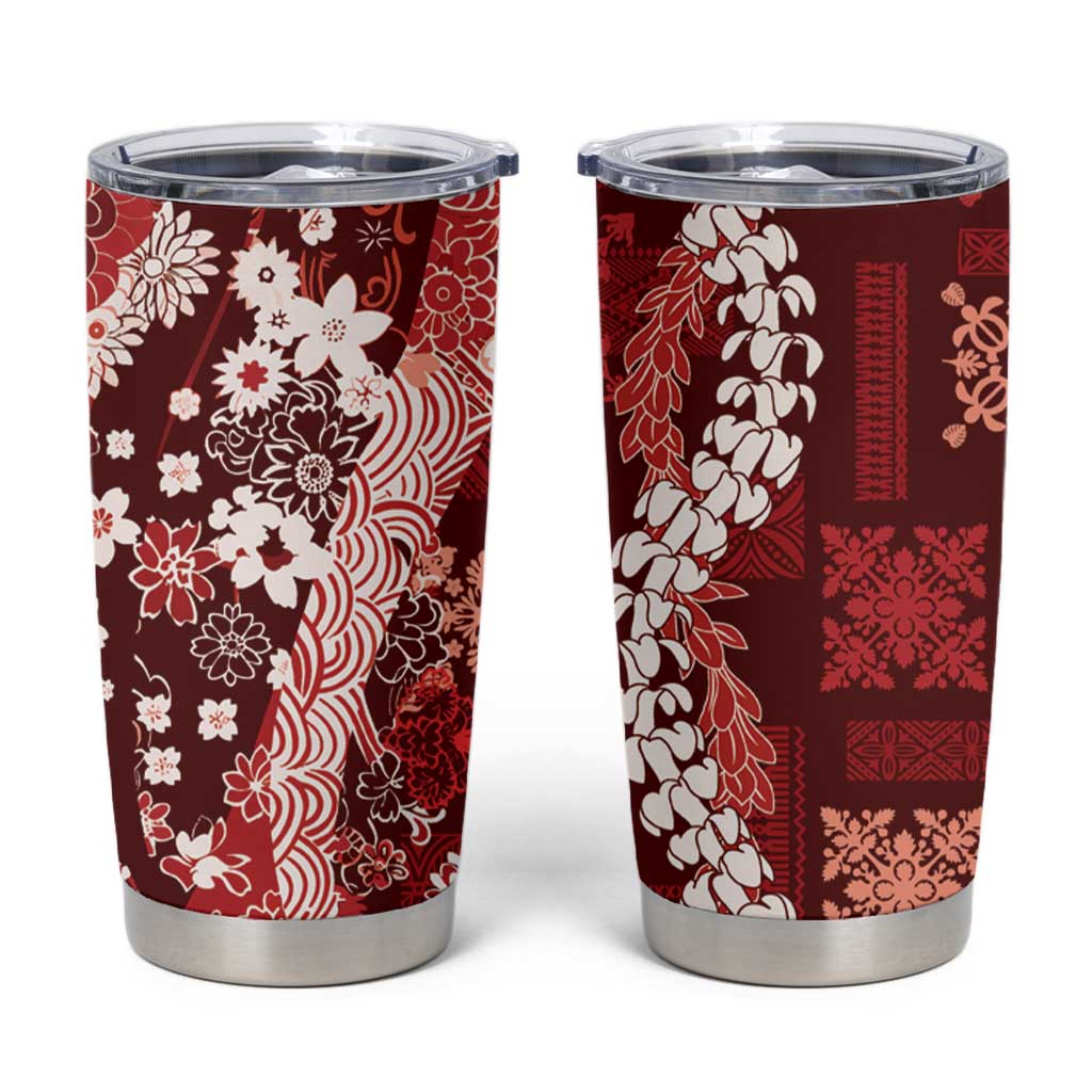 Hawaii Puakenikeni and Maile Lei Tumbler Cup Red Japanese Wave Style - Polynesian Pride