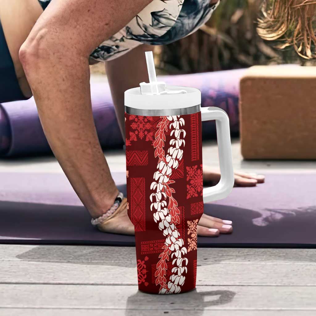 Hawaii Puakenikeni and Maile Lei Tumbler With Handle Red Japanese Wave Style - Polynesian Pride