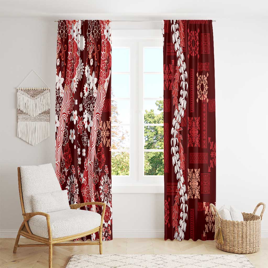 Hawaii Puakenikeni and Maile Lei Window Curtain Red Japanese Wave Style - Polynesian Pride