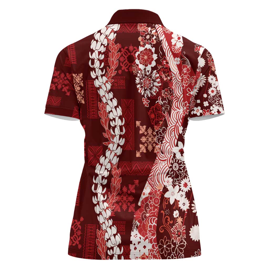 Hawaii Puakenikeni and Maile Lei Women Polo Shirt Red Japanese Wave Style - Polynesian Pride