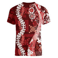 Hawaii Puakenikeni and Maile Lei Women V-Neck T-Shirt Red Japanese Wave Style - Polynesian Pride